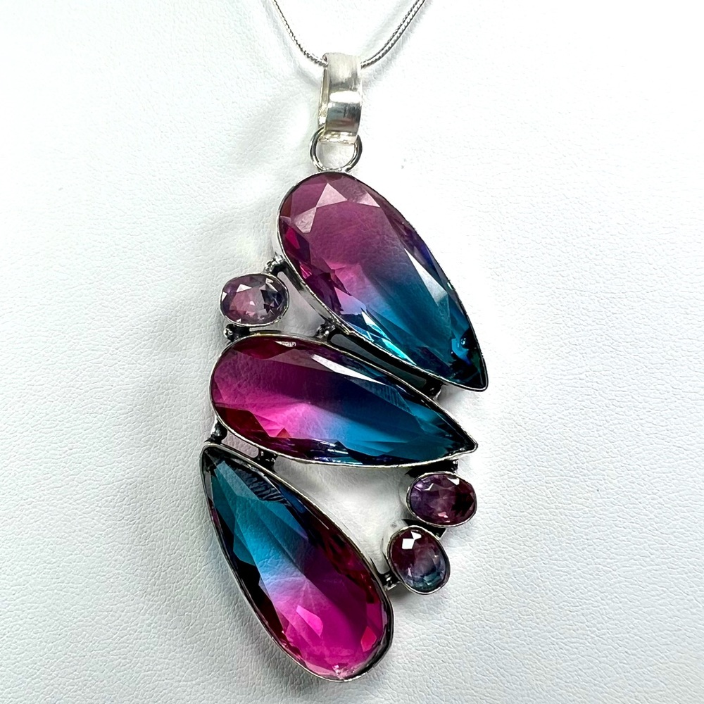 Bi-color Tourmaline 925 Synthetic Gemstone Large Pendant